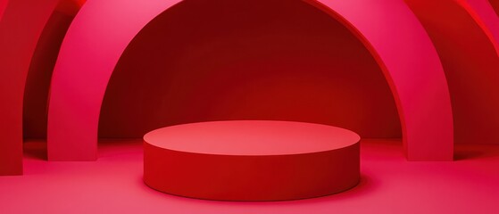 Wall Mural - minimalist red product display podium with arch background for showcasing cosmetics or jewelry conce
