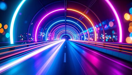 Poster - A vibrant, illuminated tunnel with colorful neon lights creating a dynamic atmosphere and a sense of motion