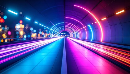 Poster - A vibrant, illuminated tunnel with dynamic neon lights creating a colorful atmosphere, emphasizing motion and depth