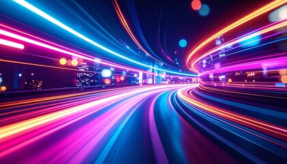 Poster - Vibrant light trails create a dynamic, futuristic scene, showcasing movement and energy in a cityscape illuminated by neon colors
