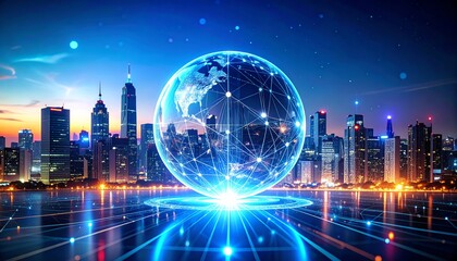 Poster - A futuristic cityscape with a glowing globe, symbolizing global connectivity and technology, set against a vibrant twilight sky