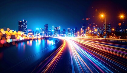 Poster - A vibrant cityscape at night, showcasing colorful light trails from moving vehicles and illuminated buildings against a dark sky