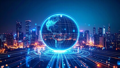 Poster - A futuristic city skyline with a glowing digital globe overlay, showcasing technology and connectivity in urban development