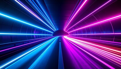 Poster - A vibrant tunnel illuminated by blue and pink neon lights, creating a dynamic and futuristic atmosphere with streaks of light suggesting speed