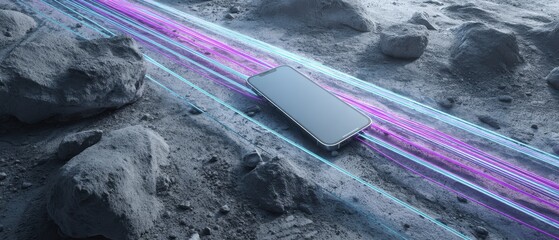 Poster - Modern smartphone on a rocky surface with neon light trails, showcasing technology and connectivity in a futuristic, abstract landscape