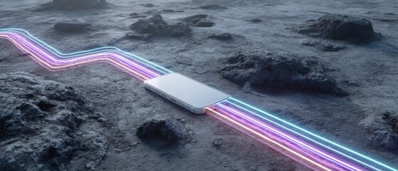 Poster - Futuristic smartphone on alien planet surface with neon light trails, showcasing technology and connectivity in a surreal landscape