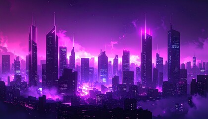 Poster - A vibrant, futuristic city skyline illuminated in shades of purple and pink, with towering skyscrapers piercing the misty atmosphere