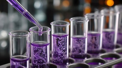 Leinwandbilder - scientist dripping purple chemical liquid into test tubes in laboratory