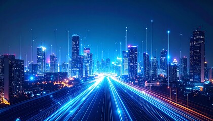 Poster - A vibrant city skyline at night, illuminated by colorful lights and streaks from moving vehicles, showcasing a futuristic urban landscape