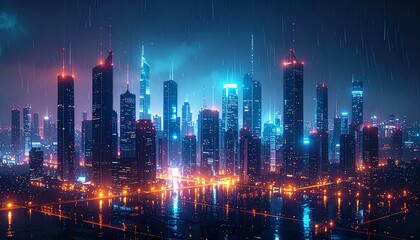Poster - A vibrant city skyline illuminated by colorful lights under a rainy night sky, creating a stunning urban atmosphere