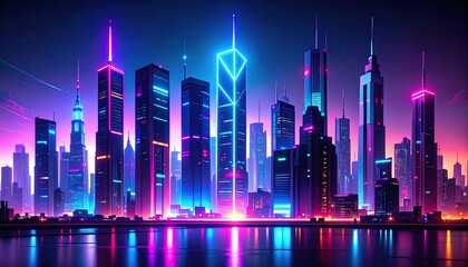 Poster - A vibrant, futuristic cityscape illuminated by neon lights, showcasing tall skyscrapers with a blend of colors against a night sky
