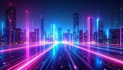 Poster - A futuristic city skyline illuminated by vibrant neon lights, showcasing a blend of technology and urban architecture