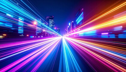 Poster - Vibrant cityscape at night with dynamic neon lights creating a sense of speed and energy