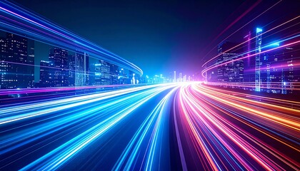Poster - A vibrant cityscape at night, showcasing dynamic light trails from moving vehicles, creating a sense of speed and energy