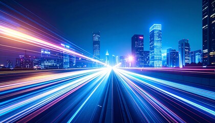 Poster - A vibrant cityscape at night, showcasing illuminated skyscrapers and dynamic light trails, creating a futuristic urban atmosphere