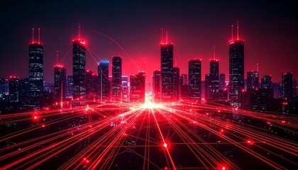 Poster - Futuristic city skyline illuminated with red lights and interconnected lines, creating a vibrant and tech-savvy atmosphere