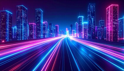 Poster - A vibrant, futuristic cityscape featuring tall skyscrapers illuminated by neon lights, with dynamic light trails suggesting speed and energy