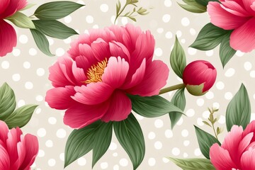 Poster - Blooming pink peonies seamless pattern on dotted background