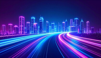 Poster - A vibrant city skyline illuminated with neon lights, featuring sleek skyscrapers and dynamic light trails suggesting motion and energy