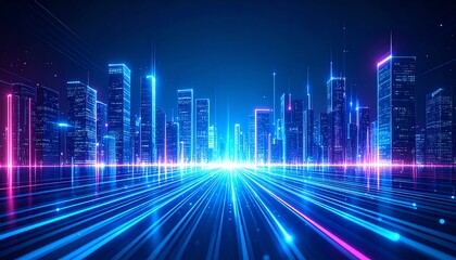 Poster - A vibrant, futuristic cityscape illuminated with neon lights, showcasing towering skyscrapers against a dark backdrop, creating a dynamic, tech-inspired atmosphere