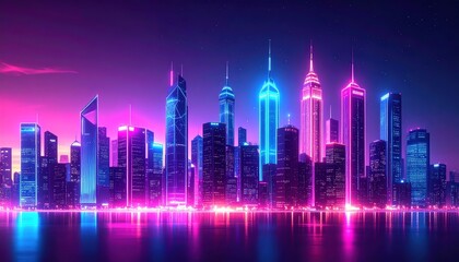 Poster - A vibrant, neon-lit city skyline at night, showcasing futuristic architecture and colorful reflections on water