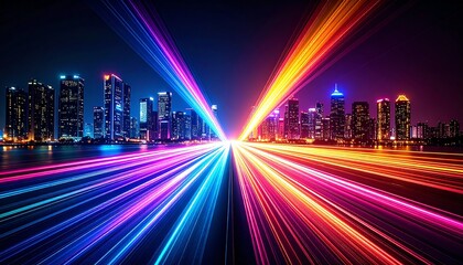 Poster - A vibrant city skyline illuminated with colorful light streaks, creating a dynamic and energetic atmosphere at night