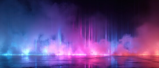 Wall Mural - Futuristic neon stage with smoke and glowing vertical lines in blue, pink, and purple Concept of cyberpunk, virtual reality, and abstract background