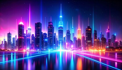 Poster - A vibrant city skyline illuminated by neon lights, showcasing futuristic architecture and a colorful reflection on the water at night