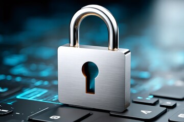 Poster - Padlock protecting digital information on computer keyboard