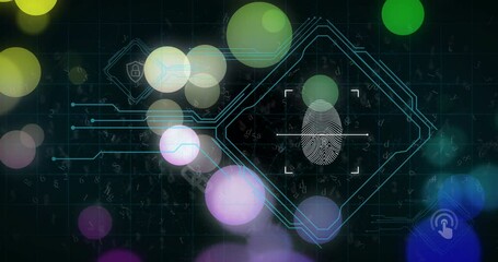 Poster - Fingerprint scanning in digital dashboard, animating circuit lines shield lock chain link icons