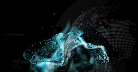 Poster - Binary digits and turquoise clusters flowing across dark void, forming dot-matrix data-driven globe