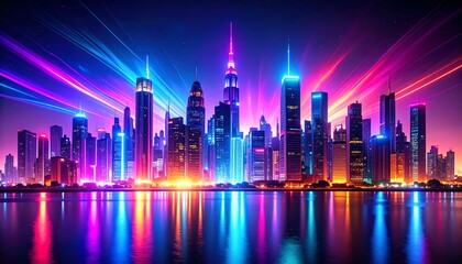 Poster - A vibrant city skyline illuminated by colorful lasers and lights reflected in the water, creating a dazzling nightscape