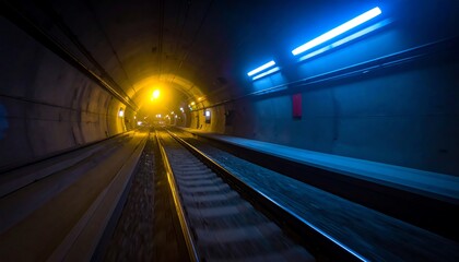 Poster - A train tunnel illuminated by yellow and blue lights, showcasing the tracks leading into a dark passage