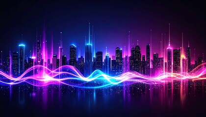 Poster - A vibrant city skyline illuminated with neon lights and colorful waves, creating an energetic and futuristic atmosphere