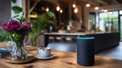 Poster - Smart speaker on the table. Smart column with voice control executes the voice command and controls the Internet of things