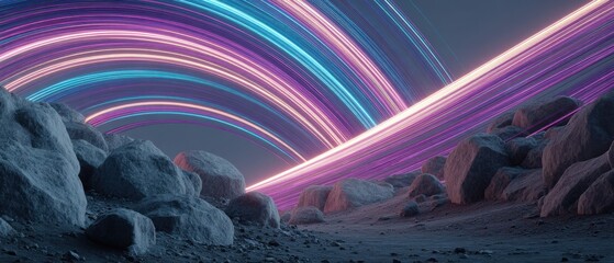 Poster - abstract cosmic landscape with glowing neon light trails over rocky terrain concept of futuristic te