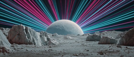 Poster - Surreal moonscape with vibrant neon light trails, showcasing a futuristic space exploration concept and otherworldly landscape