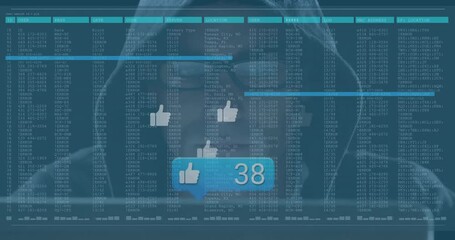  - Adult male developer typing on laptop in tech workspace, with scrolling code and thumbs-up icons