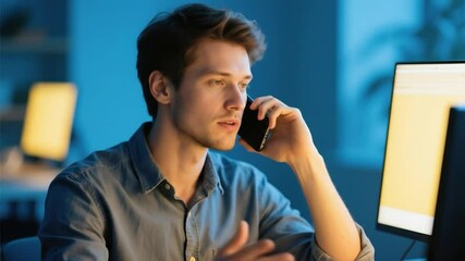 Aufkleber - A man with short brown hair is sitting at a desk, holding a phone to his right ear with his right hand. He appears to be engaged in a phone conversation, with his left hand gesturing as if explaining 