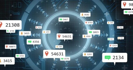 Poster - High-tech data visualization showing central circular interface with floating numeric alerts