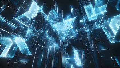 Poster - Abstract digital cityscape of glowing shapes.