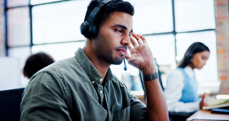 Aufkleber - Burnout, headache and stress with man in call center for assistance, feedback or problem solving. Computer, contact us and frustration with unhappy employee at work for customer service or support