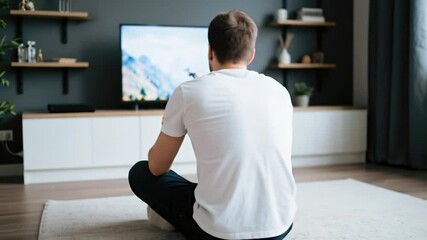 Poster - A cozy living room scene featuring a man seated on a soft rug, facing a modern TV displaying nature scenery. Ambient light creates a warm atmosphere, with natural window light enhancing shadows. The r