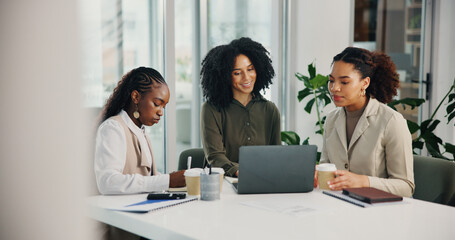 Poster - Planning, meeting or business women with laptop for feedback, collaboration or investment. Teamwork, technology or financial advisors talking for project research, budget growth or risk management
