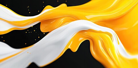 Poster - A vibrant swirl of yellow and white fabric gracefully flowing against a dark backdrop. showcasing dynamic movement and texture. ideal for artistic and design applications