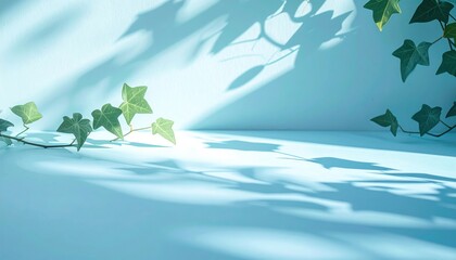 Poster - Ivy shadows dancing on blue surface indoor nature scene minimalist photography calm environment artistic perspective