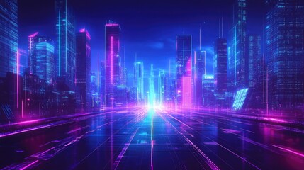 Poster - A vibrant. futuristic cityscape illuminated by neon lights. showcasing towering skyscrapers and a dynamic digital atmosphere. perfect for technology and urban themes