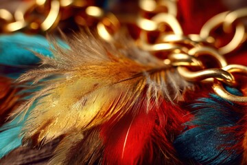Poster - A close up of colorful feathers with gold chains