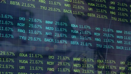 Poster - man monitoring finance data on digital display, with floating ticker codes and percentages