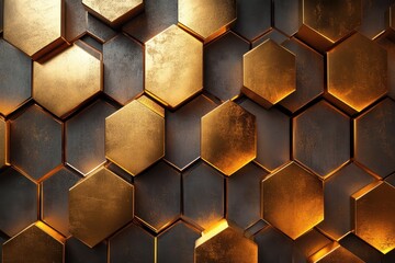 Fototapete - Abstract hexagonal design with glowing orange edges against a dark textured background in a modern style